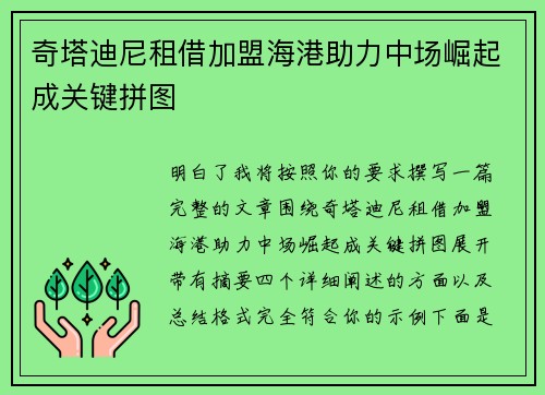 奇塔迪尼租借加盟海港助力中场崛起成关键拼图